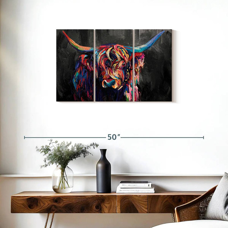 Highland Cow Highland Cow, ensemble de 3 pièces en acrylique sur toile, H 20 po x l 33 po x P 1,25 po
