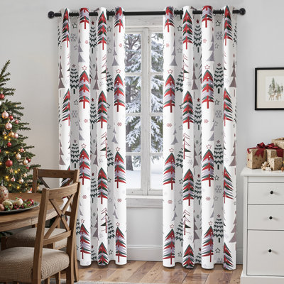 Ensemble de 2 rideaux occultants à œillets blancs, décorations pour fêtes et fêtes, rideaux de fenêtre avec arbre de Noël et imprimé flocon de neige, ensemble de 2