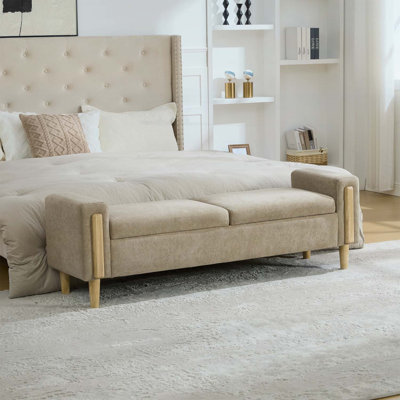 Banc de rangement moderne rembourré de 167 cm de large avec double couvercle, repose-pieds en tissu chenille avec accoudoirs, pieds en bois d'hévéa pour salon et chambre à coucher