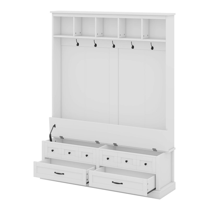 Élégant portemanteau large avec 5 crochets, banc de rangement polyvalent avec 2 tiroirs pour hall d'entrée, Blanc