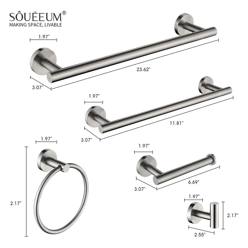 Ensemble de quincaillerie de salle de bain en acier inoxydable 6 pièces, Nickel brossé