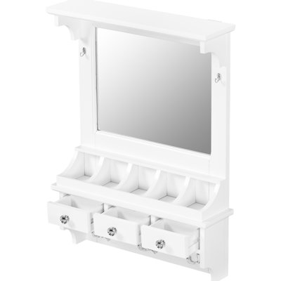 Floating Makeup Vanity With White 31.7 - Inch Wall Mirror, Mounted Storage 3 Drawers, 5 Pockets & Hooks For Small Areas Vanity, White, Hooks, Hd Mirror Space Saving Home Decor