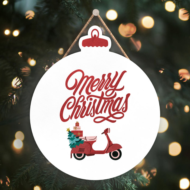 Xmas Merry Christmas Scooter Wooden Bauble Plaque