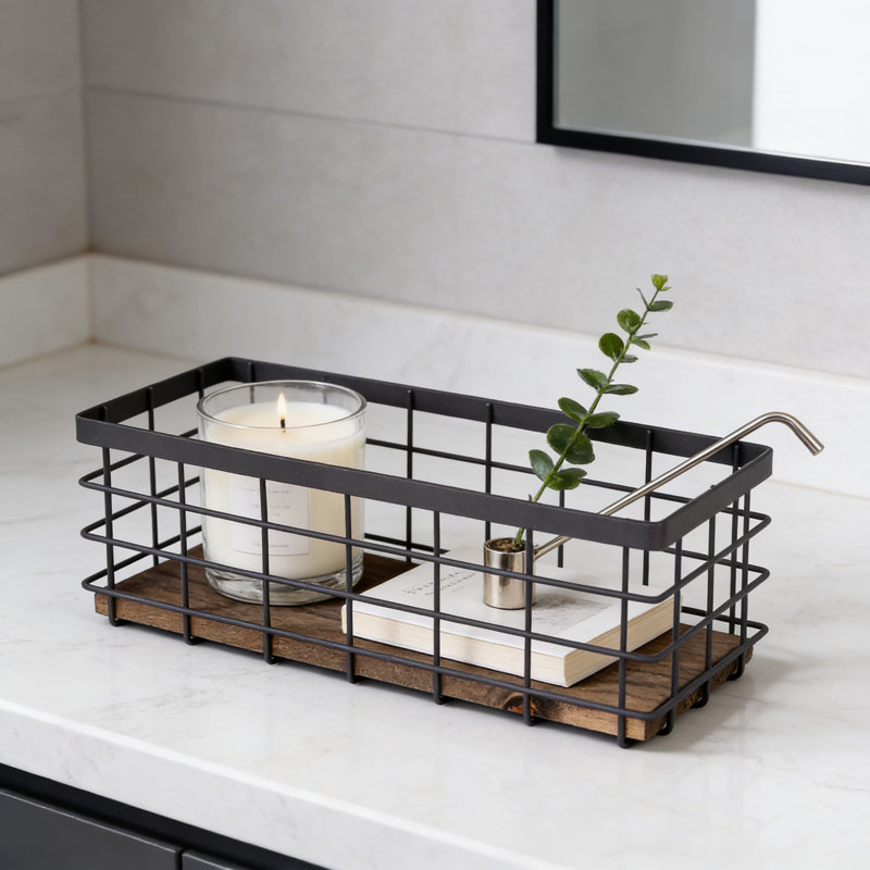 Metal Wire Storage Basket With Detachable Wood Base, Versatile Organizer Bin For Kitchen, Bathroom, Pantry, Garage, And Laundry Room