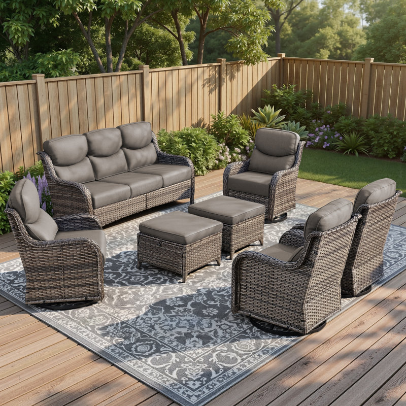 7-Piece Outdoor Wicker Patio Sofa Set With Swivel Chairs And Ottomans, Gray Cushion/Gray Frame