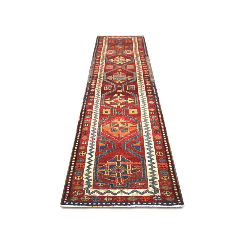 Tapis de couloir unique en laine noué à la main des années 1960 de 2 pi 11 po x 12 pi 5 po en rouge / jaune / bleu / ivoire