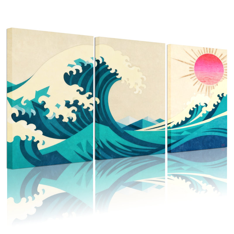 «Nautical & Beach Wave Sun Mountains Sky Water Reflection», ensemble de 3 impressions sur toile, H 18 po x l 36 po