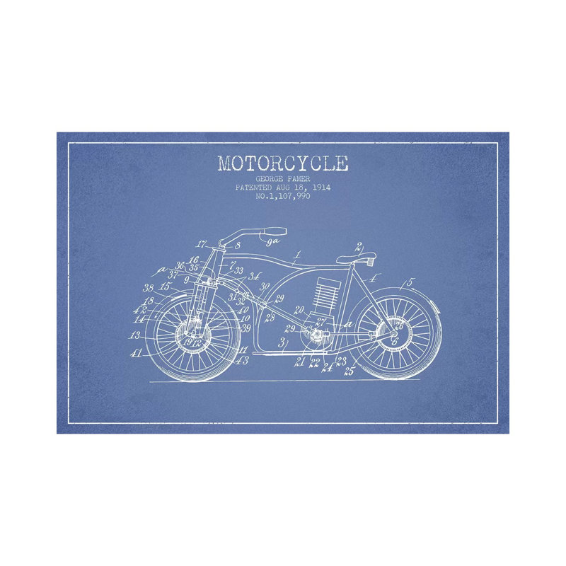 George Pamer Motorcycle Patent Sketch (Light Blue) 1 Piece Wrapped Canvas Wall Art, 66.04 cm H x 45.72 cm W x 3.175 cm D