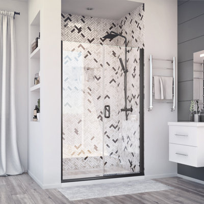 Deluxe 53 in. W x 71.375 in. H Hinged Semi-Frameless Shower Door and Inline Panel in Matte Black with Clear Glass