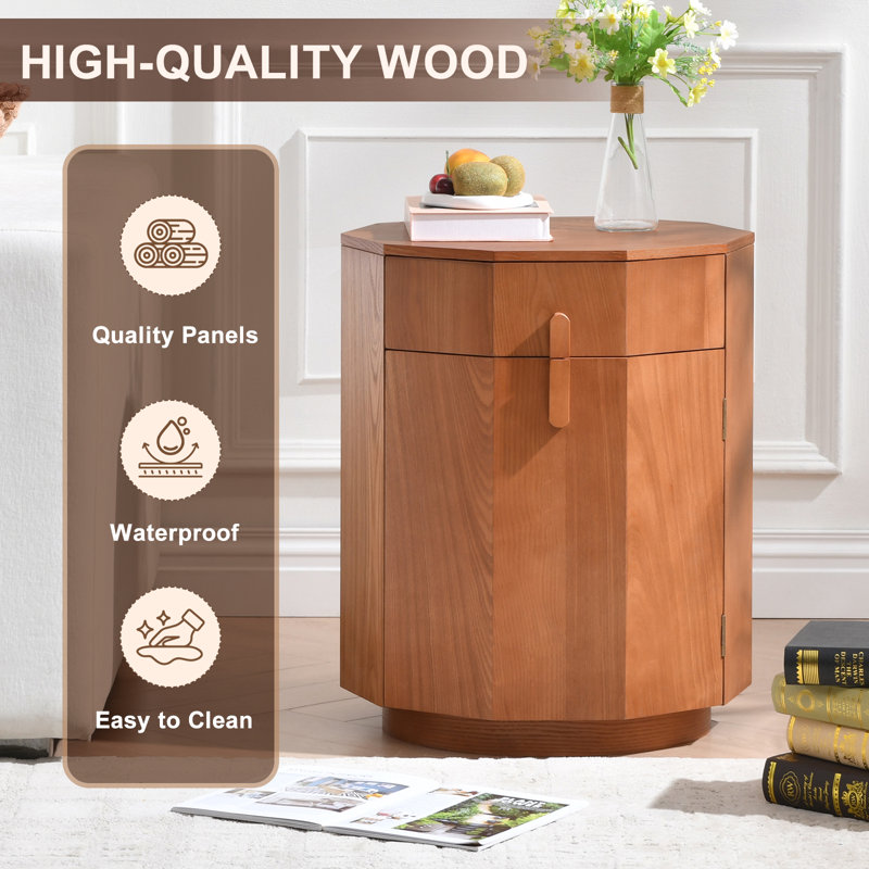Modern Organic Polygon End Table with Drawer & Cabinet Storage, Warm Walnut Finish, Pre-assembled