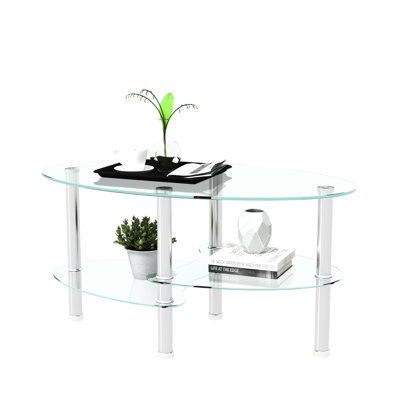Transparent Oval Glass Coffee Table, Modern Table, Tea Table 3-Layer Glass Table