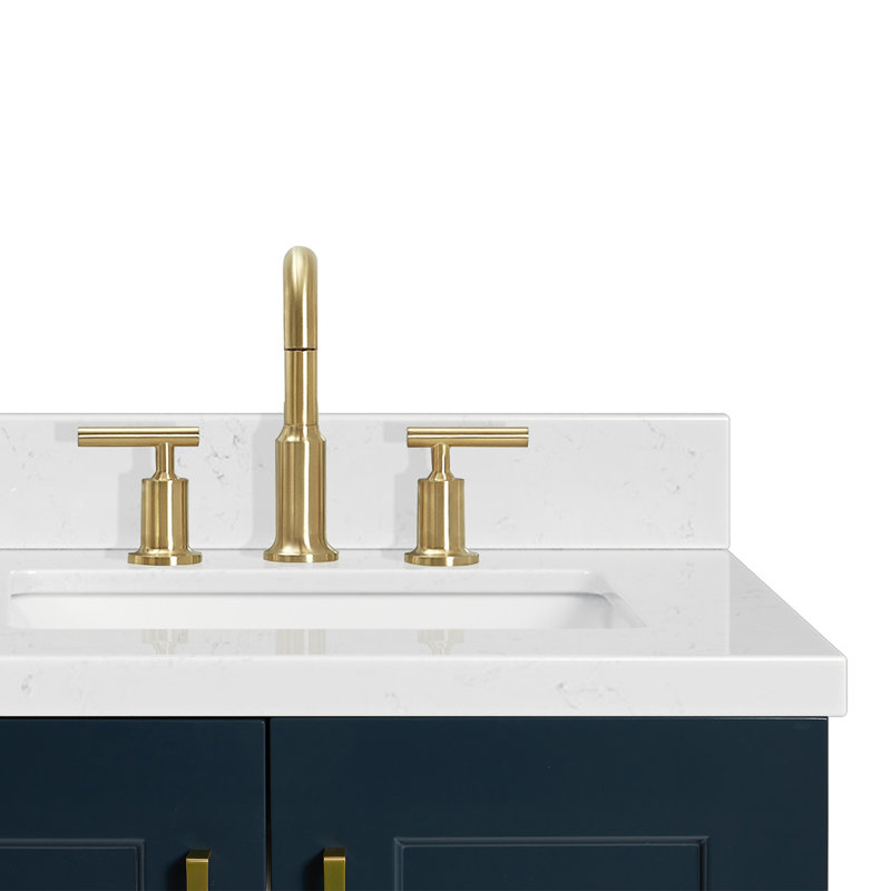 Freitas 36'' Solid Wood Single Bathroom Vanity in Midnight Blue with 1.5'' Carrara White Quartz Top, Right Offset, Rectangle Sink