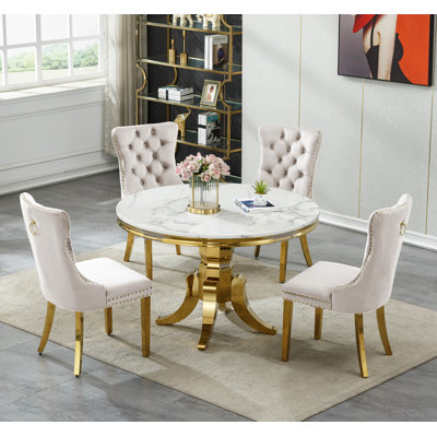 44.88" Round Dining Table Set for , Kitchen Table with Faux Marble Top, Dining Room Table & Velvet Chairs with Stainless Steel Pedestal, Piece Dining Table Set
