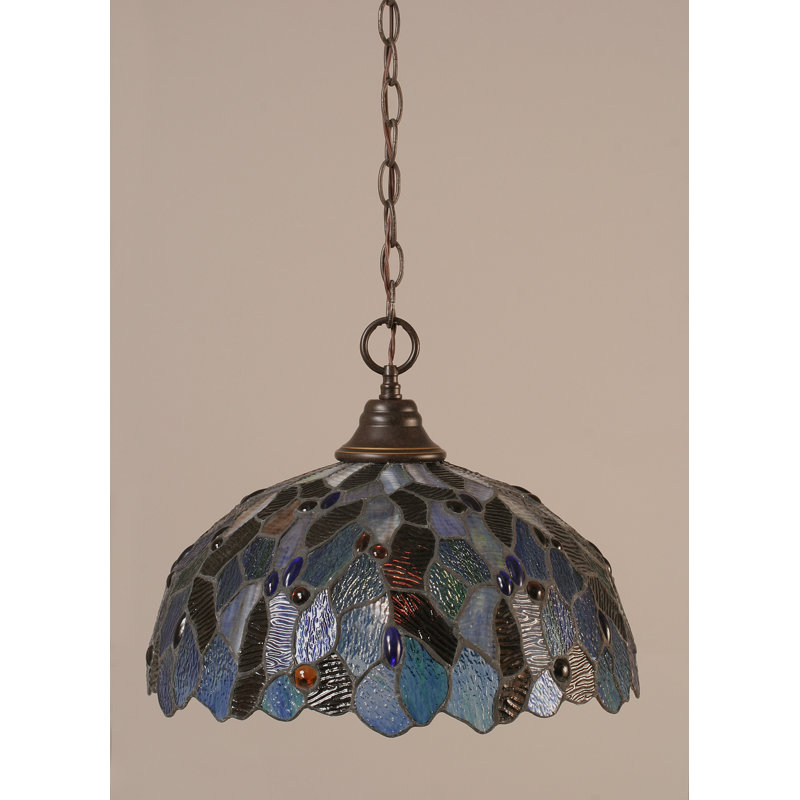 Chain Hung Pendant With 16" Blue Mosaic Art Glass, Dark Granite