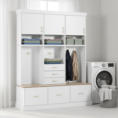Armoire de rangement 75 po avec banc et portemanteau, organisateur d'arbre d'entrée 6-en-1 avec tiroirs et armoires, blanc