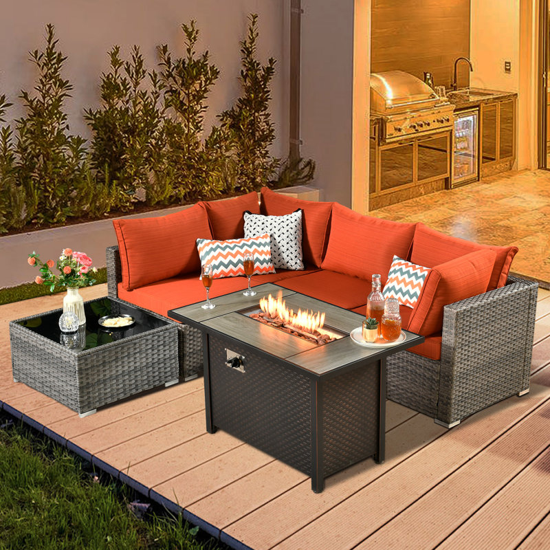 Chappotin Wicker 4 - Person Modular Patio Conversation Set with Cushions, Orange Red