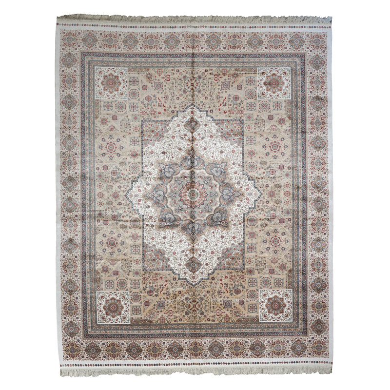 Tapis beige touffeté 8X10 en soie pure Hereke, 1000 KPSI