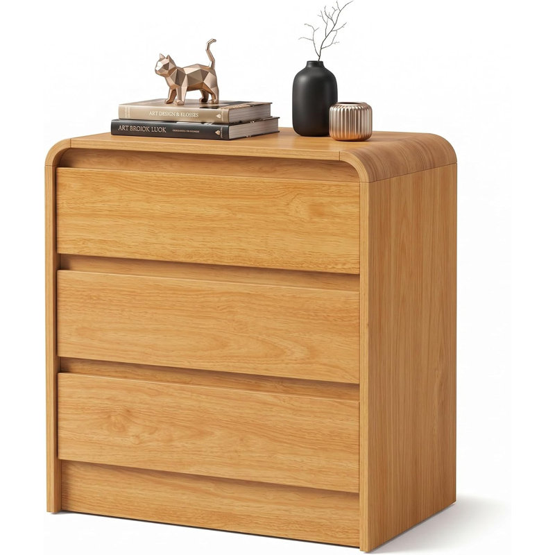 Table de chevet moderne incurvée à 3 tiroirs avec tablette ouverte et système de gestion des câbles – Table de chevet en bois à bords arrondis pour chambre à coucher, finition chêne (emballage individuel)