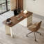 Bureau rectangulaire en bois manufacturé noyer avec 3 tiroirs-108537947