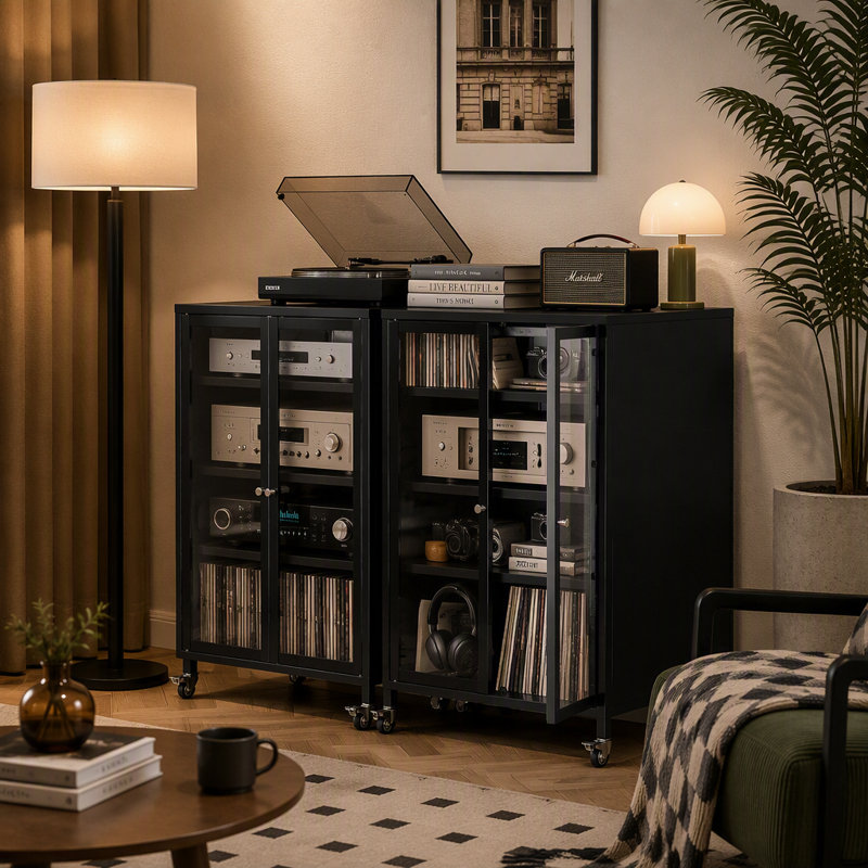 Rolling Media Cabinet on Wheels, 35.8" High AV Stereo TV Stand with 4 Adjustable Glass Shelves & Door, Heavy‑Duty Steel Frame Media Console for Living Room