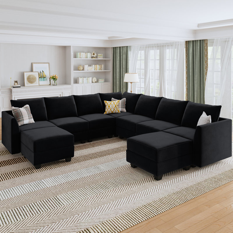 Berenika Velvet Modular U-Shaped Sectional, Black Velvet