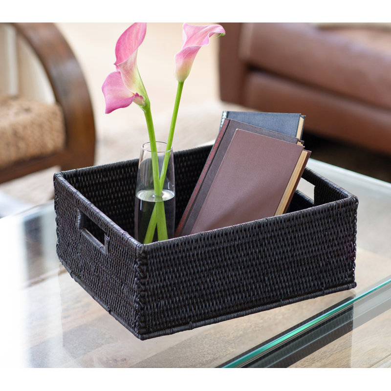 Panier de rotin rectangulaire avec poignées découpées, Noir Tudor, H 6 po x l 20 po x P 16 po