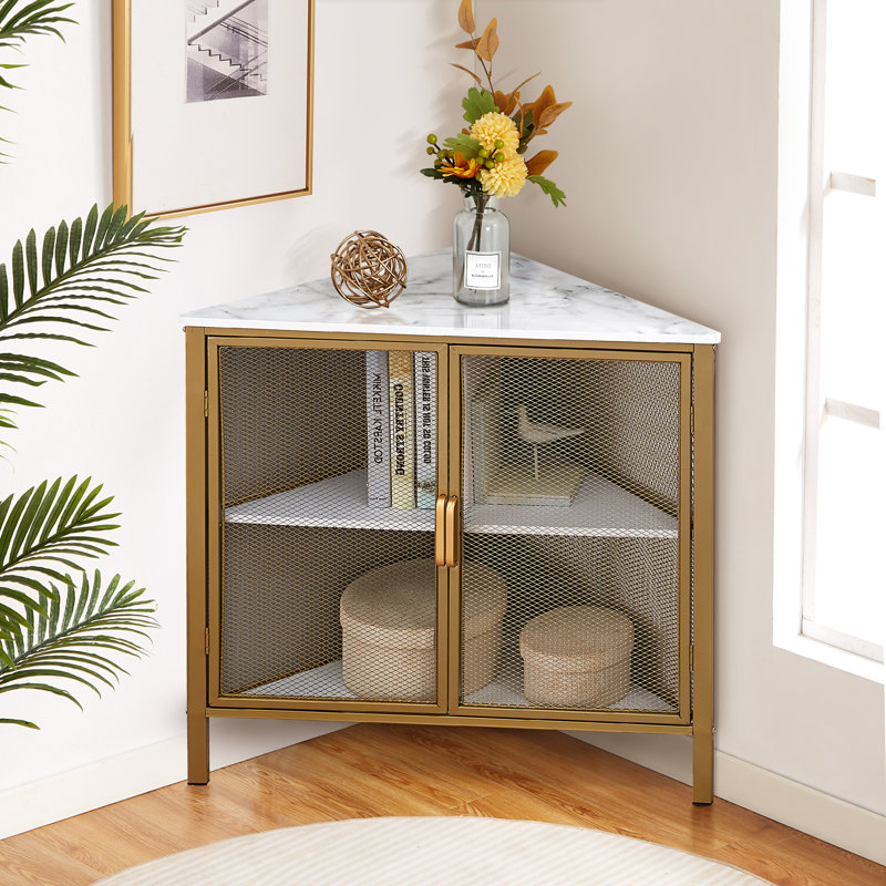 Kempst Corner End Table Shelf, 3-Tier Display Shelves with Protection Door, Metal Frame Storage Cabinet Org, Gold/Marble