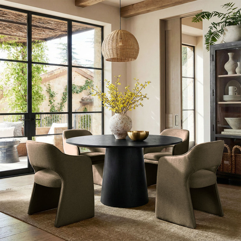 4 - Person Dining Table Sets With Round Table & 4 Upholstered Waterproof Chairs, Brown