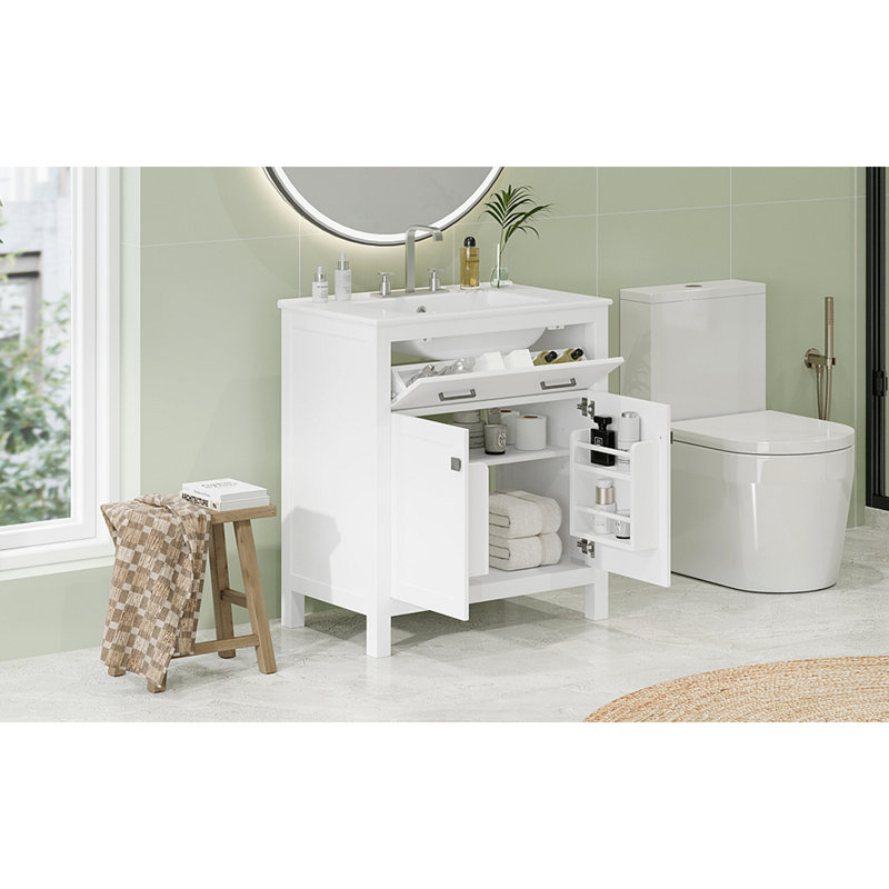 Meuble-lavabo de 30 pouces avec lavabo en céramique, armoire de salle de bain simple moderne avec 2 portes et une tablette, portes à fermeture douce