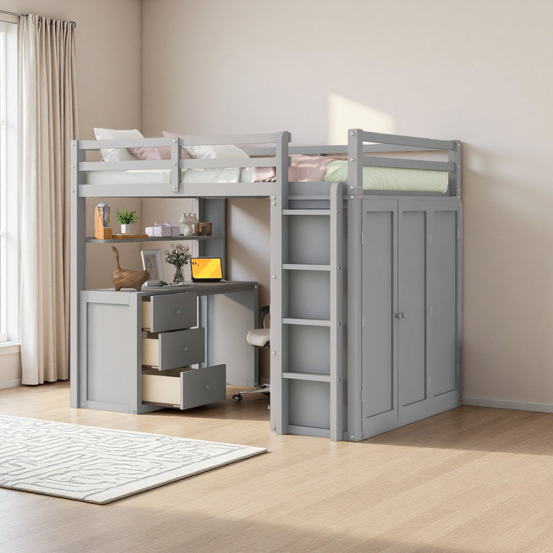 Lit mezzanine avec tiroirs, bureau et garde-robe, Gris, Lit double