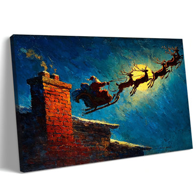 Grand Abiella père Noël traîneau renne peinture nuit d'hiver, œuvre d'art pour le salon, chambre à coucher, cuisine, vacances, affiche rétro, impression sur toile, 28 po x 40 po
