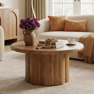 31.5" Round Coffee Table with Fluted Drum Base, Farmhouse Living Room Table for Apartments & Small Spaces