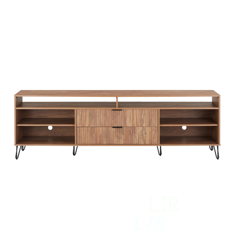 Dumbo 85" Modern Fluted TV Stand with 6 Adjustable Shelves and 2 Drawers for TVs up to 80" in Golden Brown, Golden Brown