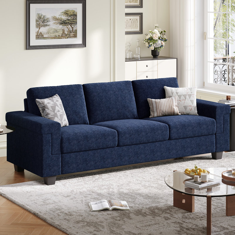 Canapé en polyester à accoudoirs carrés Dereon, Bleu, H 32,7 po x l 90 po x P 35 po