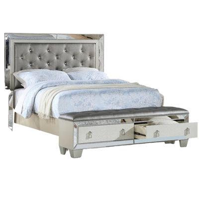 King Bed With Drawers, Silver Mirror Accents, Faux Leather, Contemporary Bedroom Piece Grey Bed, Button Headboard, Ultra - Modern Design
