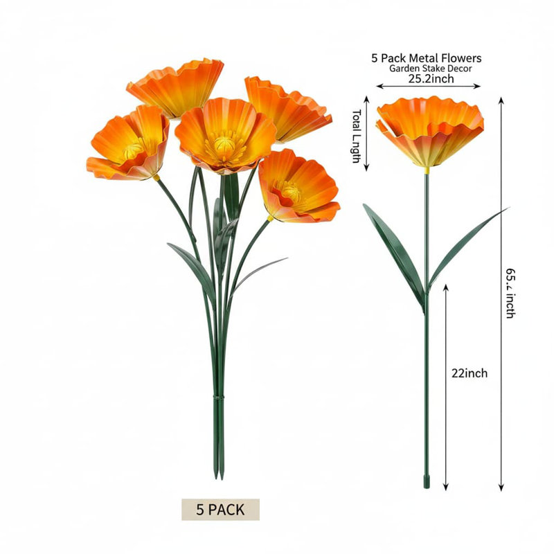 Vibrant 5-Pack Metal Flower Garden Stakes - Weatherproof Outdoor Decor for Patio & Yard
