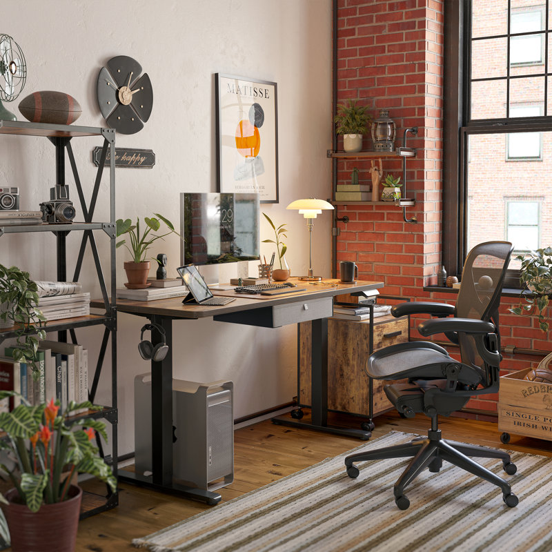 Bureau debout à hauteur ajustable avec tiroir, Brun rustique / noir, H 27 po x l 55 po x P 24 po