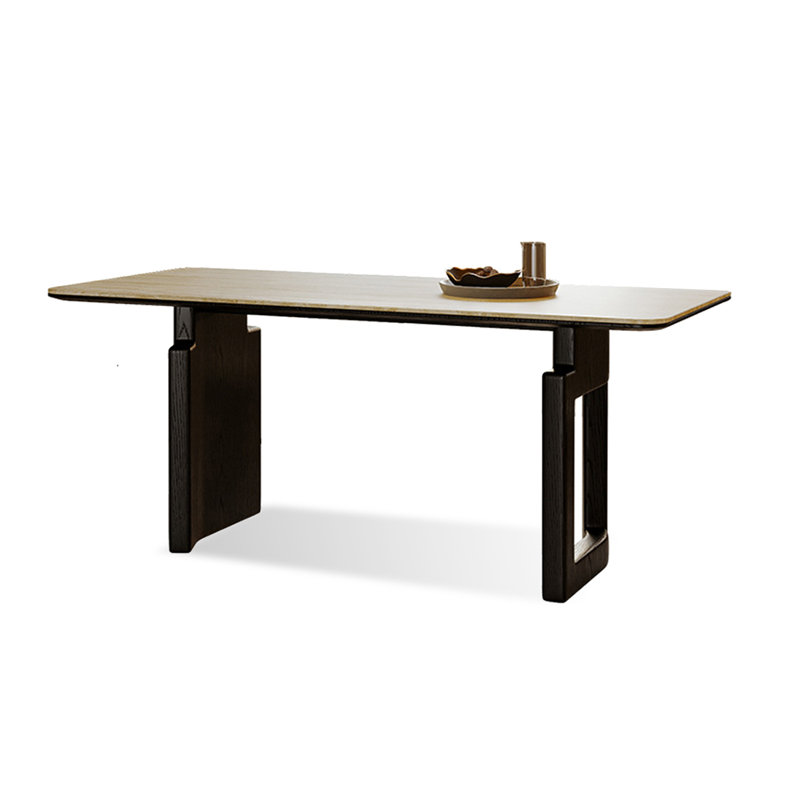 Columbia Beige + Black Rectangular Sintered Stone + Solid Wood Dining Table, 29.53"H x 55.12"L x 31.5"W