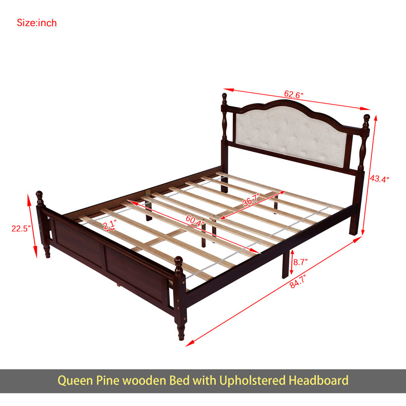 Queen Pine Wooden Bed With Upholstered Headboard And Panel Footboard, With Two Bed Rail Support Feet And Central Platform Support Feet ,Classic Cherry