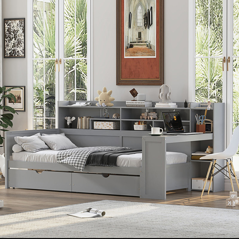 Lit de jour simple avec tablettes de rangement, lit multifonctionnel avec deux tiroirs de rangement et bureau d'étude