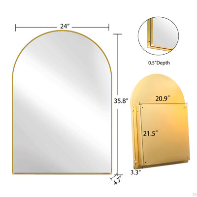 24x36 Inch Arched Recessed Medicine Cabinet, Metal Framed Bathroom Wall Cabinet with Mirror and Adjustable Shelves, Wall Mirror with Storage for Bathroom, Matte Gold