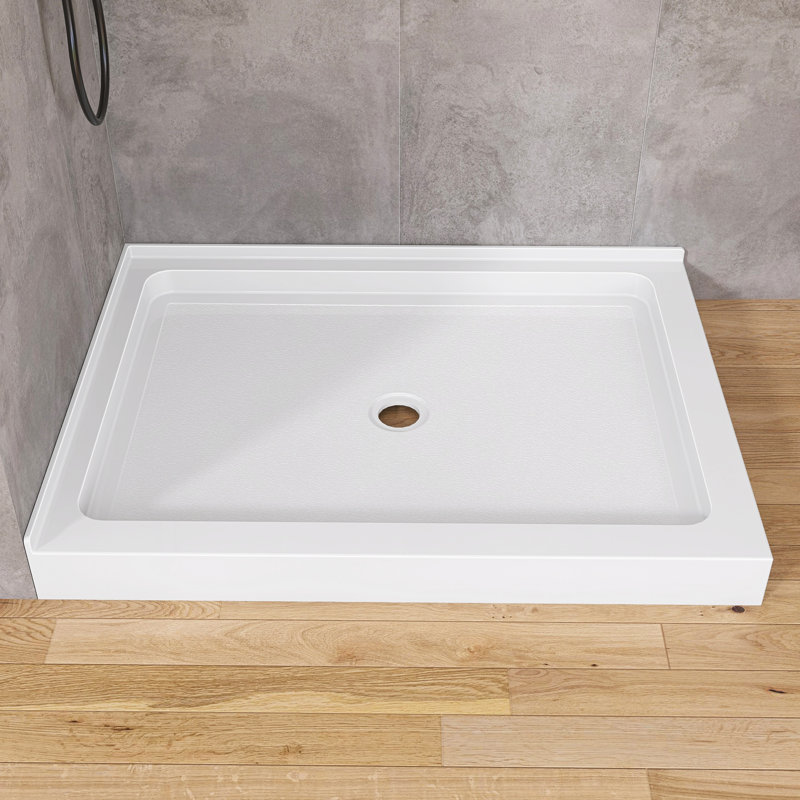 Double Threshold Shower Pan Base In White With Center Drain Assembly
