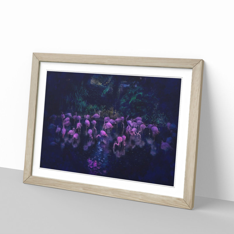 Neon Flamingos - Picture Frame Graphic Art Print, 62cm H x 87cm W x 2cm D, Oak Framed