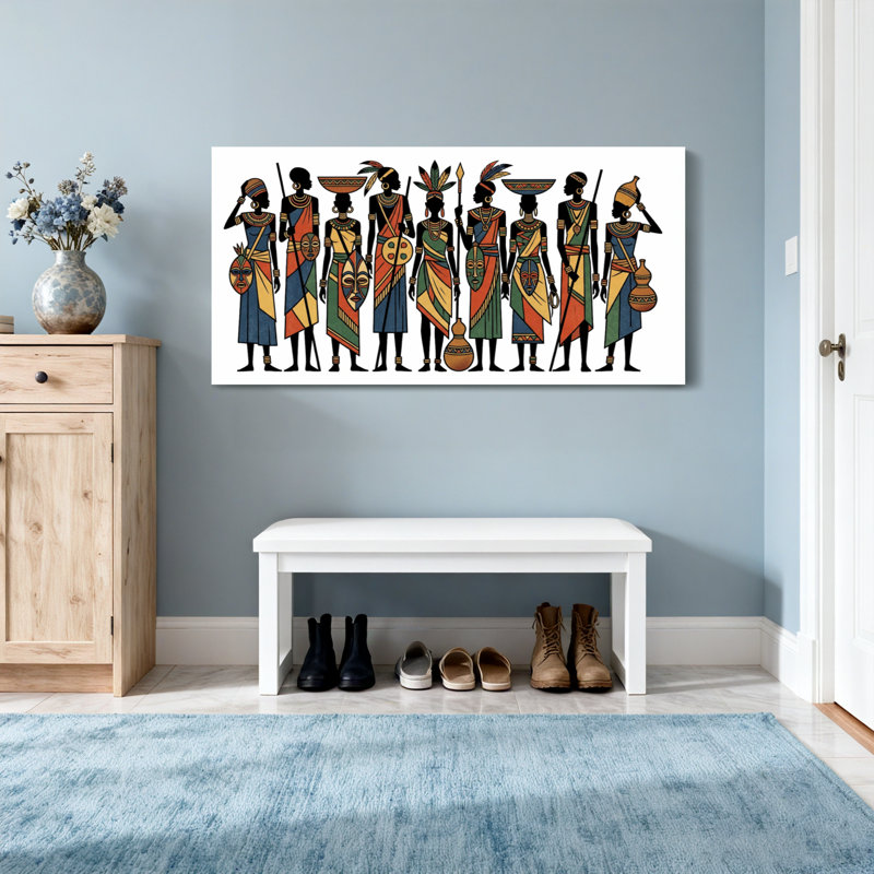 Abstract African Tribal Figures In Colourful Attire, 24" H x 48" W