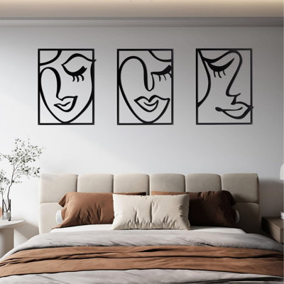 Three Piece Black Metal Wall Art, Face Line Drawing Abstract Pattern, 3D Hollow Out Cut, Easy To Hang On Home For Decorative Style Decorations, Symbol, Visual Out, Pre - Fitted Beautifying