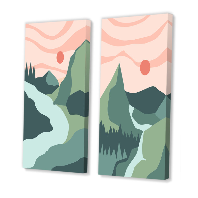 Full Moon Mountain Retro Landscape III - ensemble de 2 reproductions, Toile tendue, H 20 po x l 24 po x P 1 po