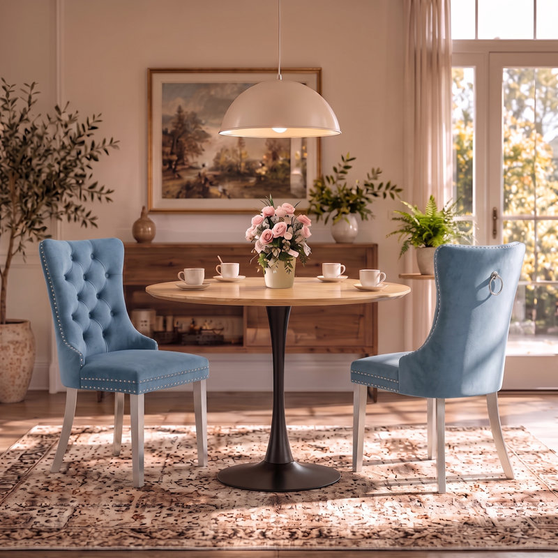 Ensemble de salle à manger rond 3 pièces avec 2 chaises rembourrées, Oak Wood/Black, Dusty Blue/Silver