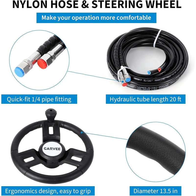 300HP Hydraulic Steering Kit, 20ft Nylon Hose, Marine Outboard System with Wheel for Boats
