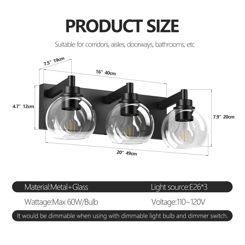 Luminaires de salle de bain 3 lumières noir mat, H 7,9 po x l 20 po x P 7,5 po, Trois lumières