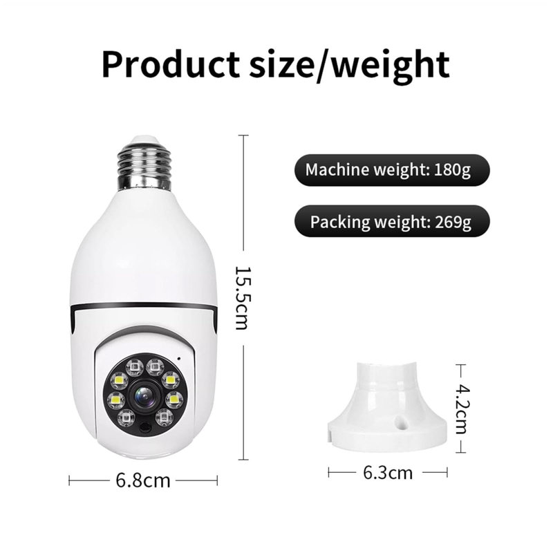Caméra de sécurité à ampoule, inclinaison 355 °, 90 °, WiFi, étanche IP66, vision nocturne, audio bidirectionnel, zoom 4X, intérieur extérieur, blanc